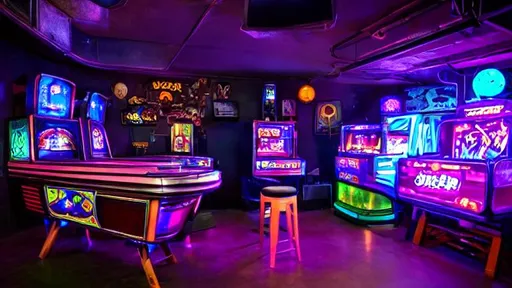 Prompt: anime of  a retro bar with 4 purple cushioned stools, space themed neon signs on the back wall, and a pinball machine.