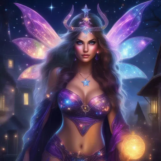 Prompt: An incredible, full body image of a stunningly beautiful, hyper realistic, buxom woman with bright eyes wearing a sparkly, glowing, skimpy, sheer, fairy, witches outfit on a breathtaking night with stars and colors with glowing, detailed sprites flying about
