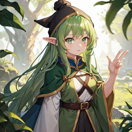Prompt: young gnome woman (dark green flowing hair) (dark green eyes), wearing a medieval outfit,