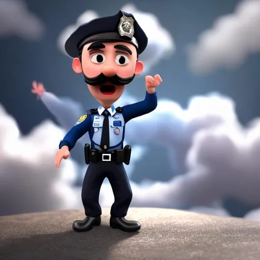 Prompt: very small police man with mustache yells at clouds 
