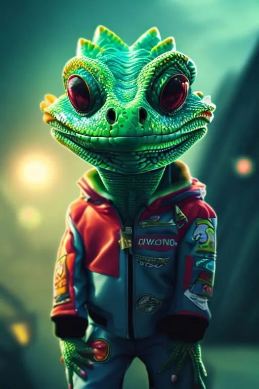 Happy Cute Lizard with a racing jacket on and sungla...