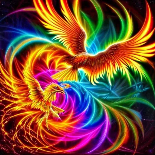 Prompt: color Fractal geometry exists in the background knowledge of the world, perfect detailed phoenix bird, holding the sun with its claw, a painting photography technique, amazing colors.

