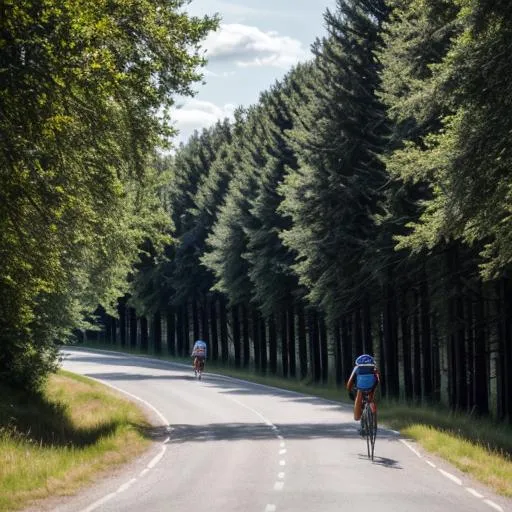 Prompt: Cyclists on the way to the finish in a flat stage. Meadows. Trees. Blue sky. Photorealistic. Hyperrealistic.
