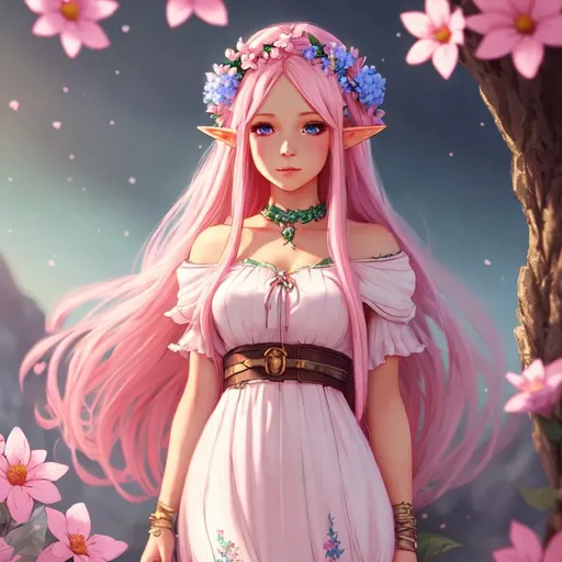 Prompt: cute elf, long light pink hair, flowers in hair, blue eyes, cute dress, full body, artstation, illustration, dynamic soft lighting, fantasy framing, high resolution 4k, hdr, stylistic,