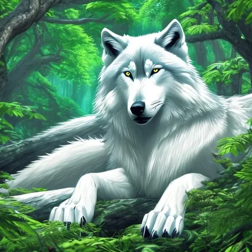 Prompt: Lush green forest, white wolf laying on a cliff, green forest, sunlight through the branches, anime wolf, realistic art, flower patches, trees in bloom, wolf with 4 legs, wolf with blue eyes, wolf with a scar, wolf in armour