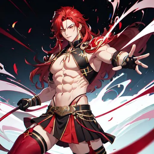 Prompt: Zerif 1male (Red side-swept hair covering his right eye) muscular, UHD, 8K, Highly detailed, insane detail, best quality, high quality. wearing a skirt, wearing thigh highs