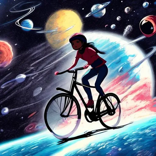 Prompt: Girl biking on space
