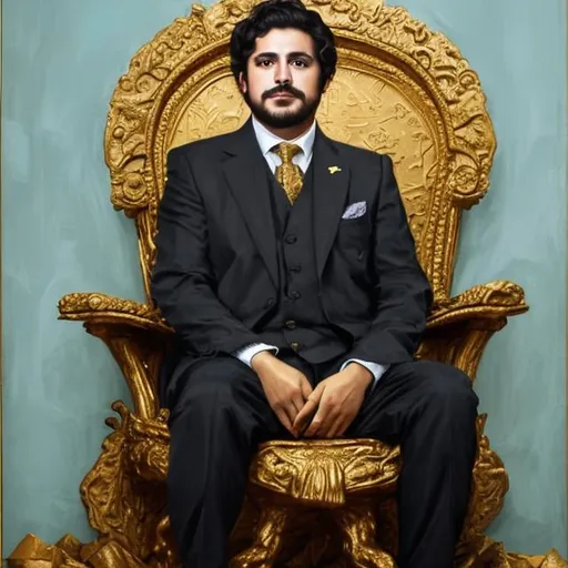 Prompt: Make a painting of Luis Zubia sitting on a thrown
Make the thrown gold 
Make the suit modern