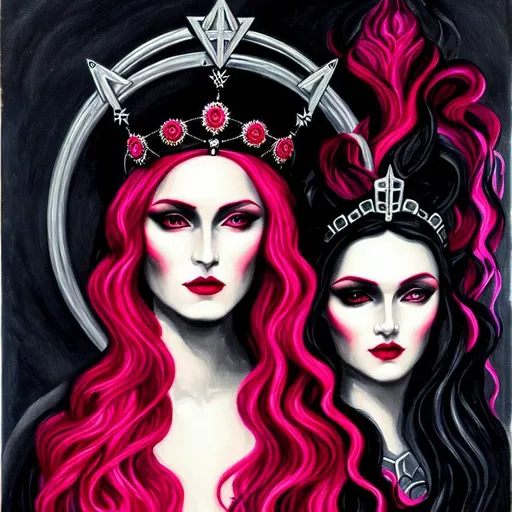 Prompt: hecate portrait painting style of  art neuvo, dark and moody, ((deep red and black garment)), with ((bright pink hair)), wearing a crown of silver rays in the underworld, with persephone, ((wearing black garments))
