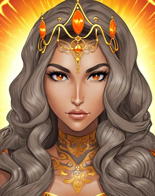 Prompt: A beautiful tall 34 year old queen with tan skin. She has long curly light brown hair and light brown eyebrows. She wears a grey suit with grey pants. She has grey eyes with a orange under glow and rock shaped pupils. She wears a golden tiara. She is using earth magic. Full body art.