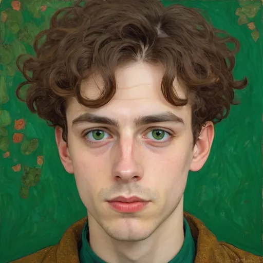 Prompt: portrait of a young man in the style of klimt and egon schiele, chin-length brown hair, short beard, green eyes