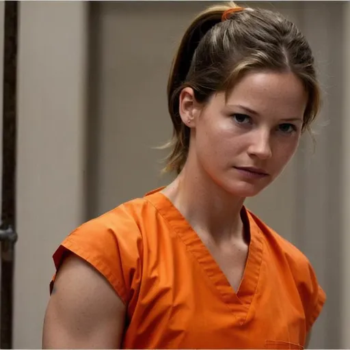 Prompt: young Sienna Guillory in prison wearing orange scrubs prison uniform