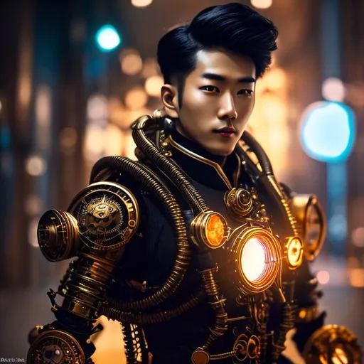 Prompt: Please produce a photograph of a steampunk robotic handsome japanese male android, with fantasy colors, flashy lights, in a dark background, high quality, trending art, trending on artstation, sharp focus, studio photo, intricate details, highly detailed, UHD, HDR, 8K, ((Masterpiece))