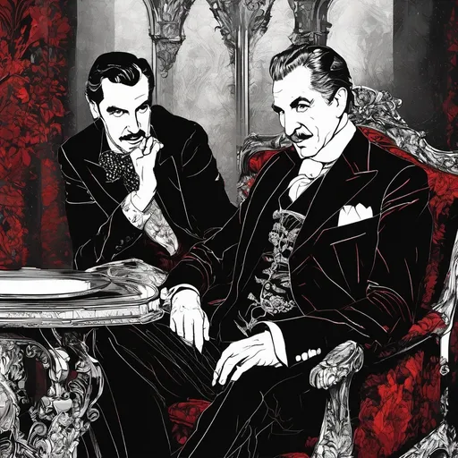 Prompt: (Vincent Price with Bela Lugosi), Black and White pen and ink sketch style, dark color scheme, elegantly gothic attire, intricate details, dim lighting, dramatic shadows, opulent background, luxurious textures, ornate furniture, deep reds and blacks, baroque patterns, solemn atmosphere, rich color tones, dark romanticism, ultra-detailed, 4K, photorealistic masterpiece, timeless elegance.