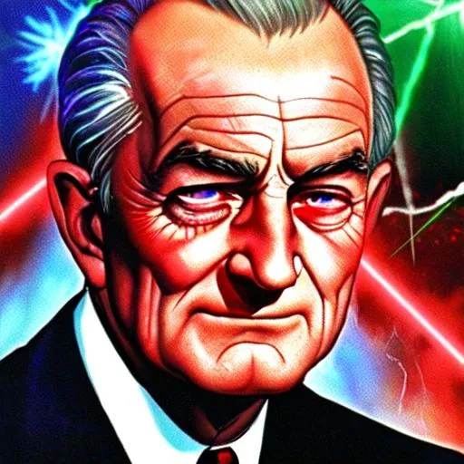 Prompt: a zoomed in picture on Lyndon B Johnson. He is a super hero. His eyes are glowing red with lasers