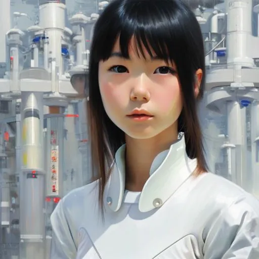 Prompt: Japanese girl with White futuristic dress realistic oil paint        