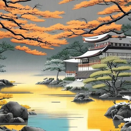 Prompt: Create a Japanese peaceful scene with yellow gray as highlight colors include burnt orange, white, black, and teal