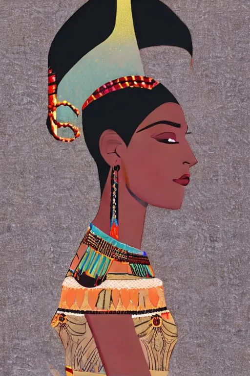 Prompt: a woman, depicted as a young woman with ebony skin, pixie cut, adorned in modest traditional Egyptian attire. She exudes strength and determination, her eyes reflecting a sense of resilience. she holds a symbol of power, such as an ankh in one hand, around her are ethereal figures of Egyptian gods and goddesses, The gods stand as guardians and guides, each radiating their unique aura and holding their sacred symbols, The figures of Anubis, Bastet, and Horus, among others, lend a touch of mysticism to the composition,

A subtle golden border frames the artwork, The background showcases the sprawling golden sands of the desert, stretching far into the distance under a radiant sun setting over the horizon, The warm hues of orange and amber bathe the scene in an enchanting glow, evoking a sense of timeless magic,

In the foreground, towering pyramids rise majestically, their triangular silhouettes reaching towards the heavens, Each pyramid bears intricate hieroglyphics, telling stories of ancient pharaohs and gods, The pyramids cast elongated shadows that add depth and mystery to the composition.


the essence of ancient Egypt, combining elements of mythology, adventure, and the power of destiny. 





,Dreamy ambiance, epic proportion, epic composition, 2D illustration, 2D vector art, 2D digital painting, 2D flat color, 2D art, vibrant color, contrast, detailed brush stroke, detailed digital illustration, cinematic lighting, volumetric lighting, iridescent lighting reflection, reflection, beautiful shading, ray tracing, symmetrical, professional illustration, HD, UHD, 64K, 
Model: Anything V4