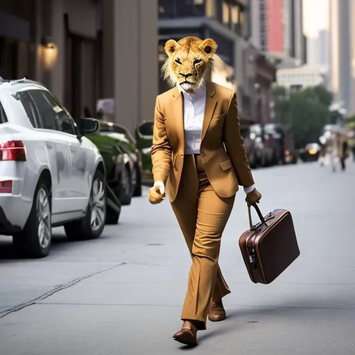 Prompt: Anthropomorphic lioness wearing a pantsuit and carrying a briefcase in a city