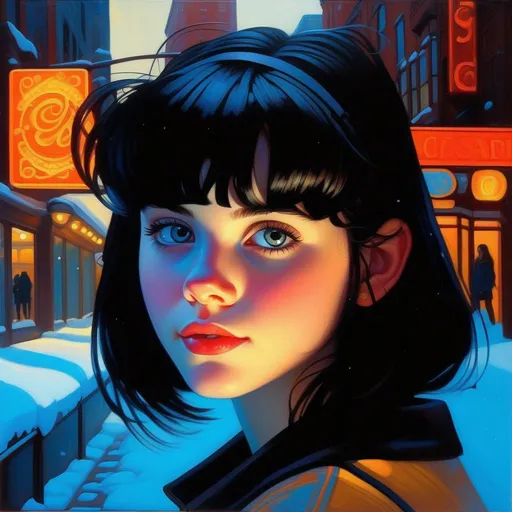 Prompt: Facial portrait of a 13 years old girl,, pale skin, black hair, bangs, dark brown eyes, snow, urban setting, neon, stylized font, cartoony style, extremely detailed painting by Greg Rutkowski and by Henry Justice Ford and by Steve Henderson
