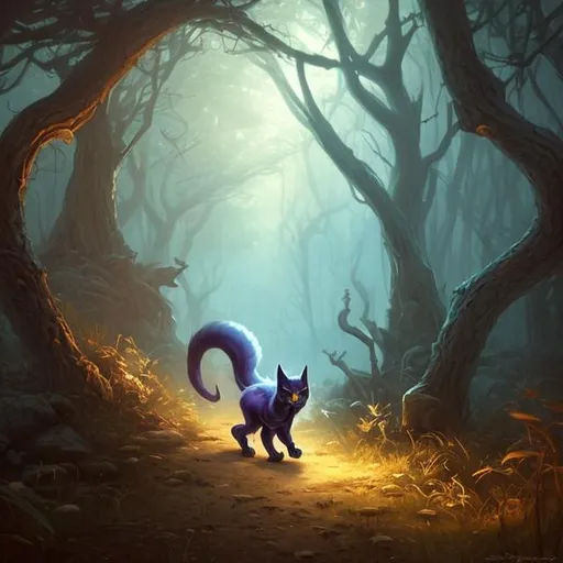 Prompt: Demon cat walking through woods, style of Alayna Lemmer