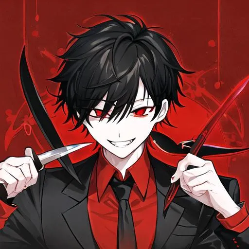 Prompt: Damien (male, short black hair, red eyes) grinning seductively, holding a knife