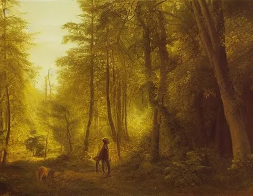 Prompt: Painted landscape of deep forest. Oil painting. High quality and value. Ivan shishkin. Many different plants and trees. Some small mushrooms. One ginger dog is walking. Natural light. bright colours. 