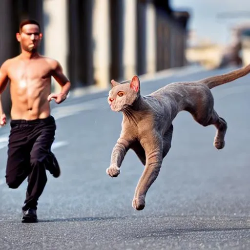 Prompt: Hairless cat chasing guy