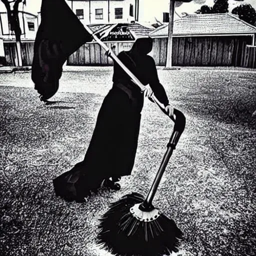 Prompt: A witch who is flighting on her sweeper while posting on Instagram.