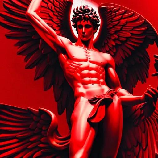 Prompt: statue of david, vampiric, vaporwave, red and black, lucifer, black angel wings