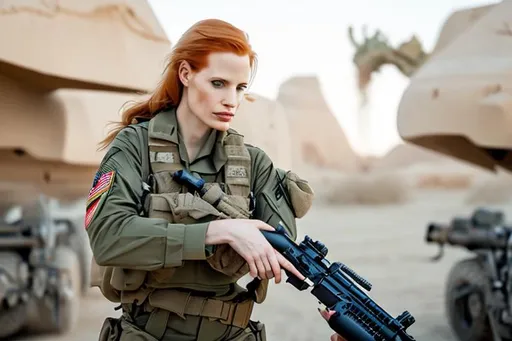 Prompt: beautiful jessica chastain, army combat correspondent, cameraman, army uniform, desert tan, scifi, futuristic