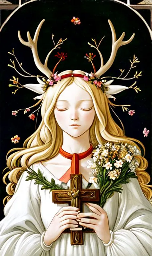 Prompt: Blond girl with flowers in her hair, antlers, crucifix around her neck, wearing a white dress, holding a bible, flora growing all around her, in the art style of Sandro Botticelli, a church in the background 