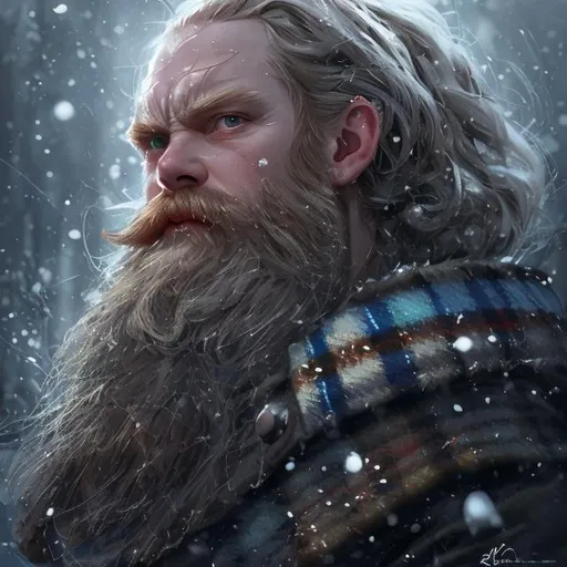 Prompt: scottish king 15th century red hair and dark blue eyes battle hardened skin small shallow eyes,  grey beard beautiful intricate colored hair, symmetrical, snowing, soft lighting, detailed face, wearing tartan kilt and weopans by makoto shinkai, stanley artgerm lau, wlop, rossdraws, concept art, digital painting, looking into camera