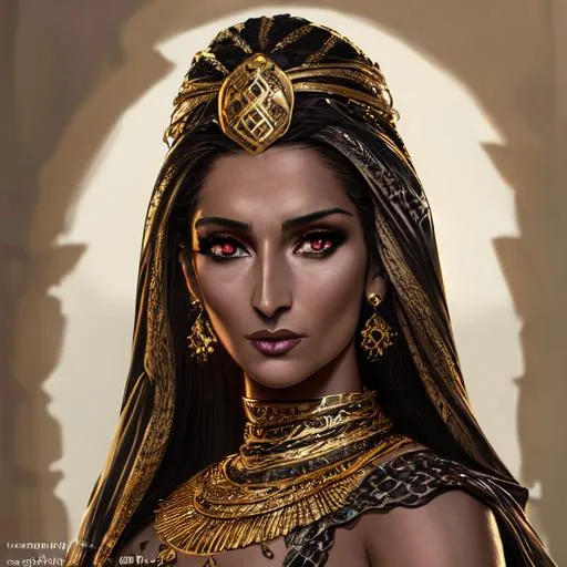 Prompt: digital painting of a middle eastern woman mix of eleni foureira in loquita and Indira Varma in game of thrones, dark skin, detailed face, dark eye makeup, black shiny gold accent, lifelike, photorealistic, sharp focus, natural lighting, detailed jewelry, depth of field, dark fantasy, elegant, beautiful, intricate details, matte,  photo by Alfons Mucha and Greg rutkowski 

