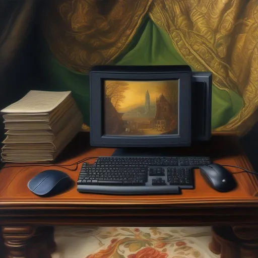 Prompt: computer desktop with keyboard and mouse, oil painting in the style of Hans Holbein