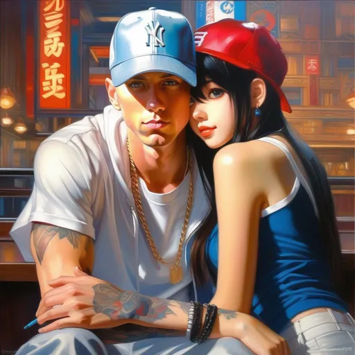 Prompt: Eminem meets anime girls, anime style, extremely detailed painting by Greg Rutkowski and by Henry Justice Ford and by Steve Henderson 