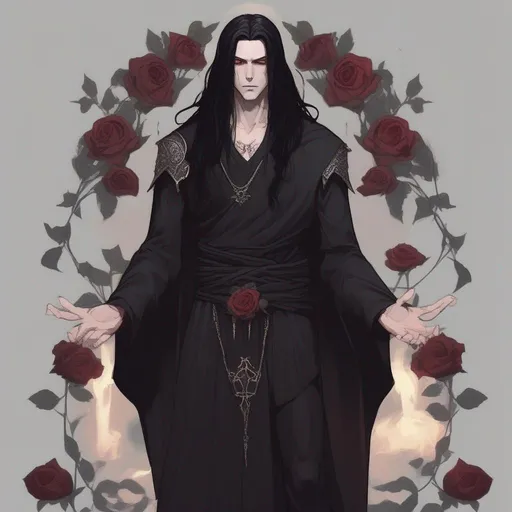 Prompt: dnd a thin and tall human man with long straight black hair and pale skin wearing a black rose crown a black toga god of death
