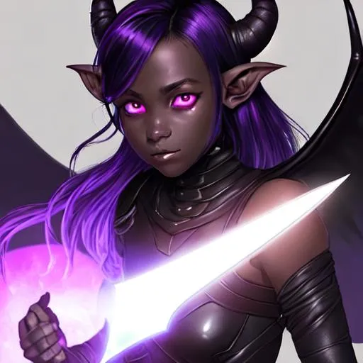 Prompt: Portrait of an adolescent, scared, innocent, beautiful tiefling girl with very dark ash skin, skinny horns, wearing leather armor, small bat-like wings on her shoulders, holding two psionic daggers glowing light purple