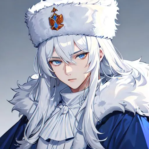 Prompt: Russia as a male human, 8k, UHD,  highly detailed, white hair, blue eyes, wearing a fluffy giant jacket and a ushanka