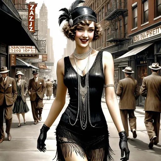 Prompt: Hyper-realistic full body height digital painting by Luis Royo:: (young pretty happy) 1920s flapper woman, short curly hair, highly detailed facial features, bright expressive eyes and a coy subtle smiling expression, wearing fashionable clothing, walking through the streets of a Jazz district in Chicago in 1925:: 8k resolution, incredible details, a masterpiece, photorealistic