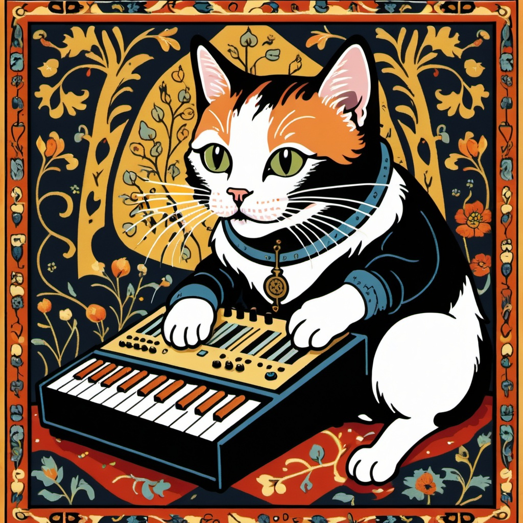 A cat playing a synthesiser in the style of a medieval tapestry 