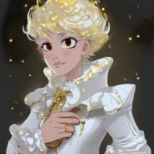 Prompt: Lady in a white dress shirt with a very puffy collar that has crazy gold sparkly magic spewing all around her collar because a magic spell just made contact with it