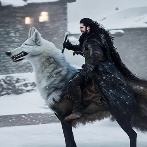 Prompt: Jon snow riding into battle on a direwolf