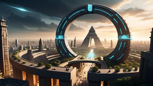 Prompt: magical portal between cities realms worlds kingdoms, circular portal, ring standing on edge, upright ring, freestanding ring, hieroglyphs on ring, complete ring, ancient aztec architecture, zigurat, pylons, gardens, hotels, office buildings, shopping malls, large wide-open city plaza, panoramic view, futuristic cyberpunk tech-noir setting, open sky