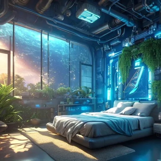 Prompt: futuristic cluttered large bedroom blue, wall screen, beautiful, luxury, interior, solarpunk, tropical island, realistic details, photorealistic, 8k render, cinematic lighting, ultra detailed