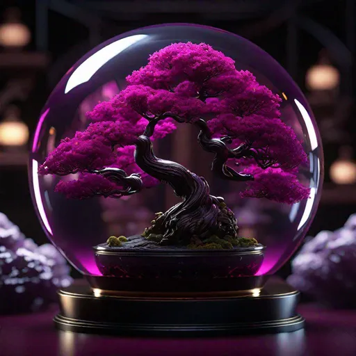 Prompt: "A beautiful miniature magenta bonsai tree trapped inside a glass orb - 8k resolution concept art hyperdetailed Unreal Engine hyperrealism resin cast Middle-Earth beautiful mysterious photorealistic hyperdetailed intricate geometric flickering light entangled Symmetry"
"A floating Gotham City high above the ground floating in a mass of clouds, a large pendulum swinging underneath pen and ink, detailed, dark colors, realism, fantasy, polished"