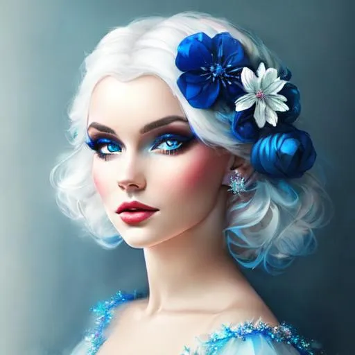 Prompt: A beautiful woman, snow white hair with pastel highlights, frosty blue eyes, blue eyeshadow, blue jewels on forehead