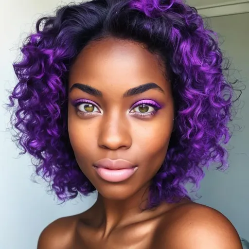 Prompt: Beautiful black woman with purple hair and light brown eyes 