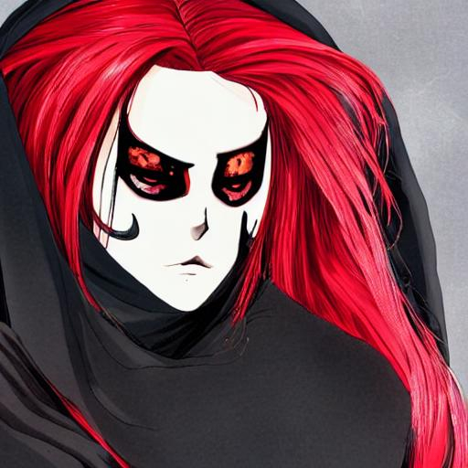 Anime Woman with long crimson hair wearing a black c... | OpenArt