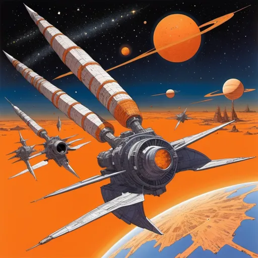 Prompt: Illustration in style of Moebius, Jean Giraud, a space battle between multiple bird-like starships with an orange gas giant and starry landscape in the background to the right, as seen from space